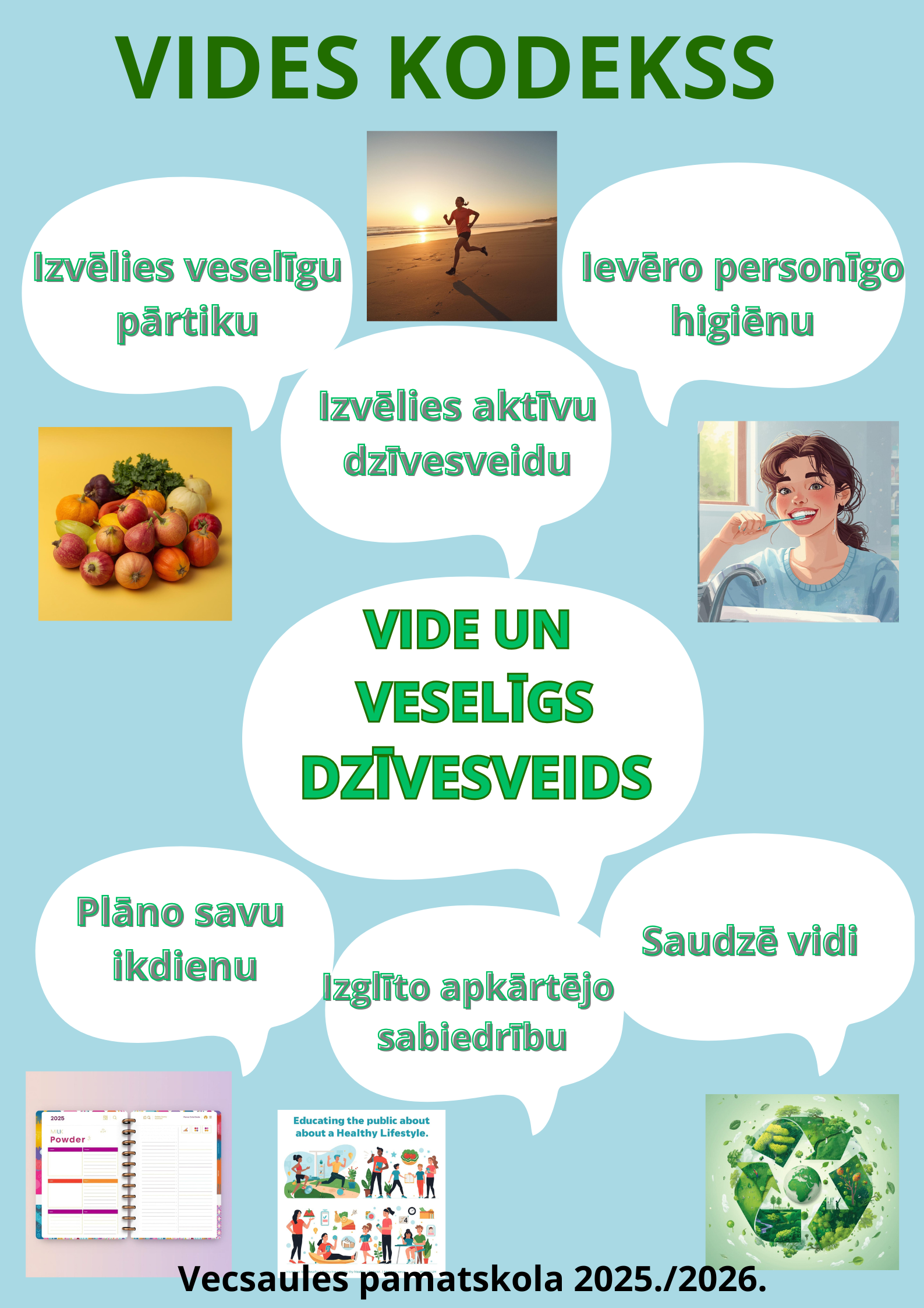 Vides kodekss.  Izvēlies veselīgu pārtiku.  Ievēro personīgo higiēnu.  Izvēlies aktīvu dzīvesveidu. Plāno savu ikdienu. Izglīto apkārtējo  sabiedrību. Saudzē vidi. Vecsaules pamatskola 2025/2026.